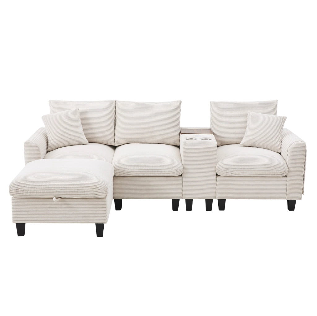 Divano angolare 229x149.5x83 cm con console centrale; porte USB e tasche portaoggetti in corduroy beige
