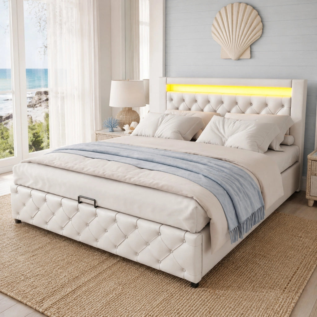 Polsterbett 160x200 cm con contenitore, rete a doghe e LED, PU bianco