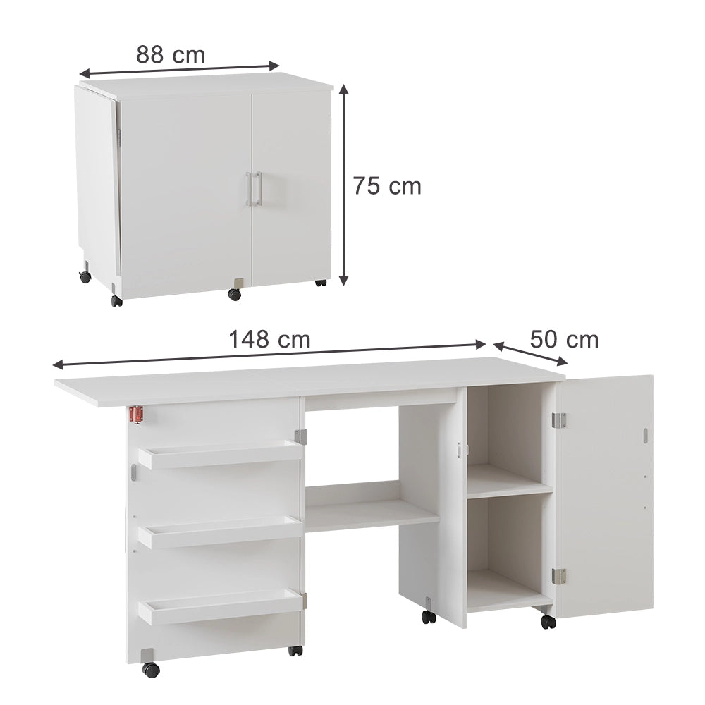 Vicco Tavolo da cucito Bianco 148 x 75 cm con 3 ripiani e armadio
