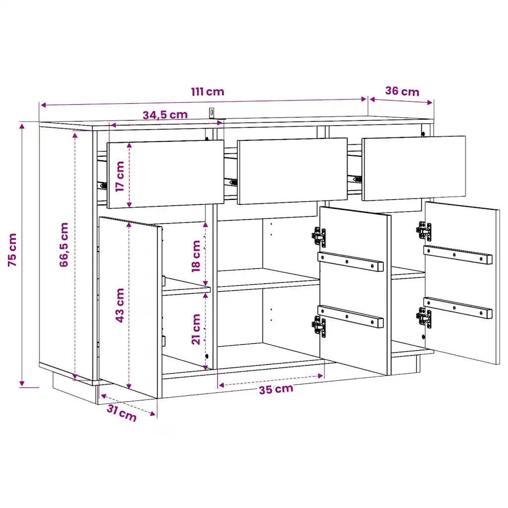 Credenza-Buffet-Armadio da cucina Bianca 110x34x75 cm in Legno Massello di Pino