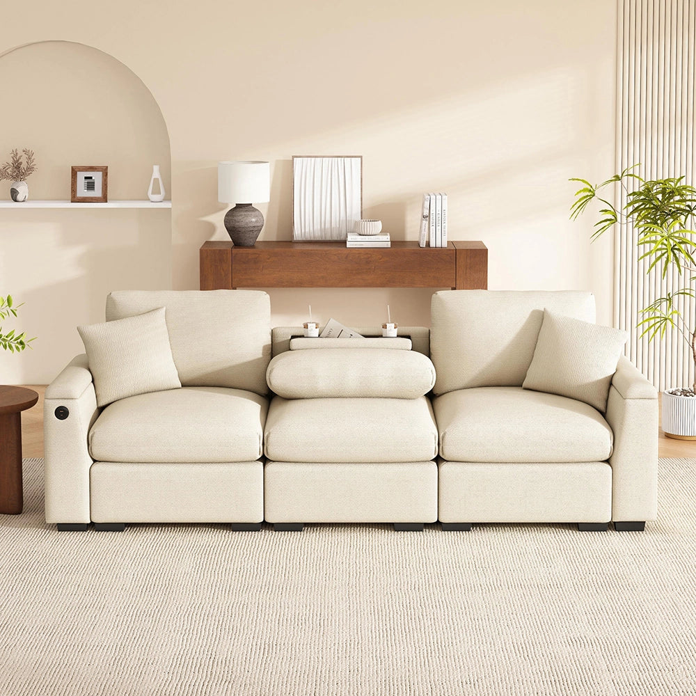 Divano 3 posti - Xylo - In chenille, con tavolo e USB, beige, multifunzione