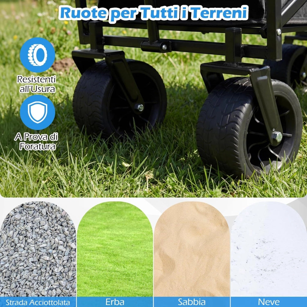 Carrello Pieghevole con Tetto, Carrello Trasportabile con Maniglia Regolabile, Borsa Portaoggetti e Ruote Grandi, Carrello da Giardino Capacità 100L, per Campeggio e Animali Domestici (Nero)