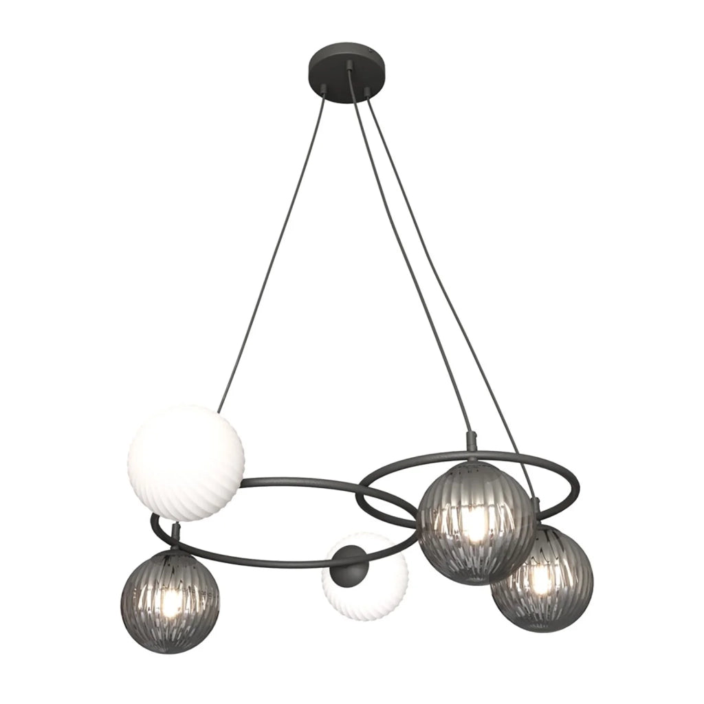 Lampadario 5 Luci Eolo A Cerchi E Diffusori In Vetro Rigato Opale E Fumè