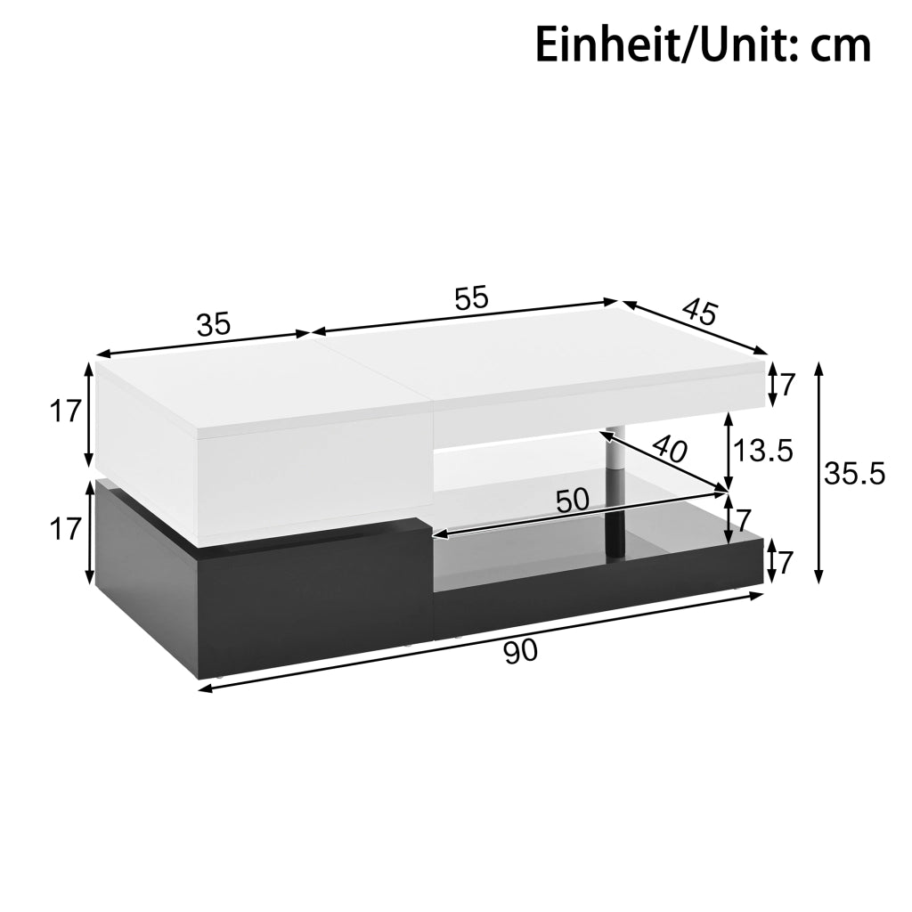 TAVOLINO DA CAFFÈ LED 90x45x35,5 cm Bianco/Nero in pannello di legno e vetro temperato