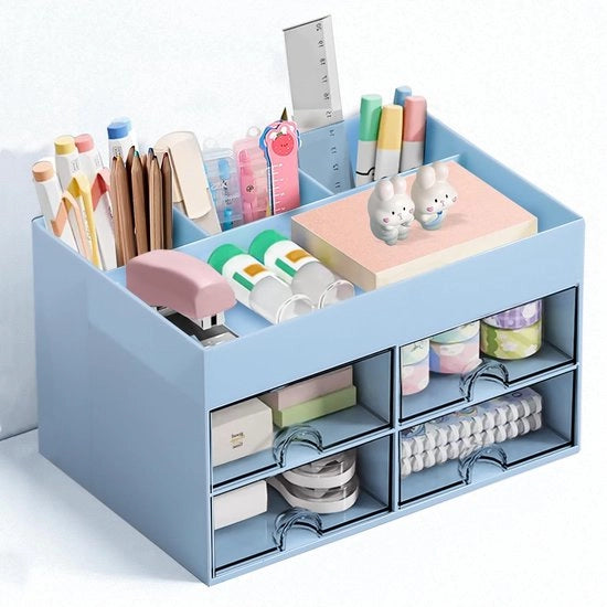Organizzatore di scrivania, contenitore per penne, organizzatore di scrivania multifunzionale con 4 ripiani, contenitore per penne per ufficio, casa, scuola, spaziale risparmio (blu)