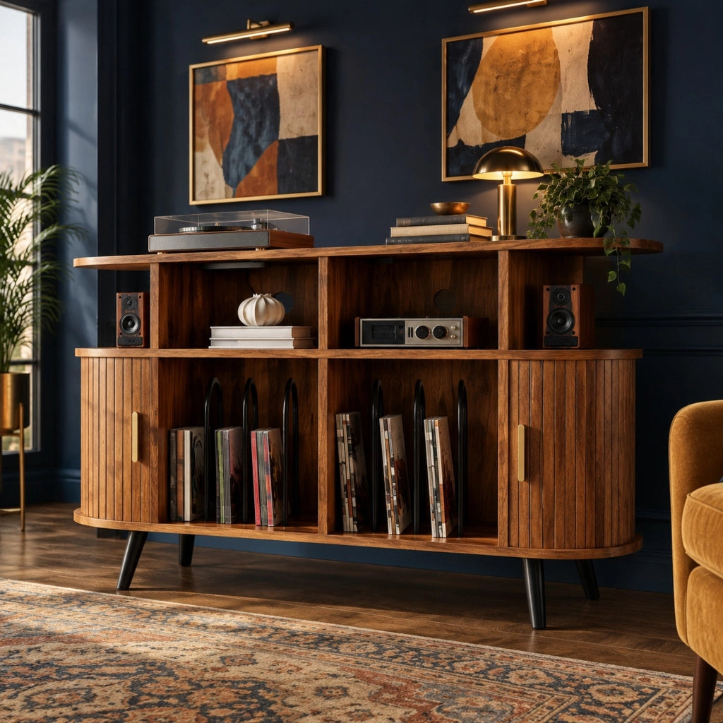 Sideboard con Mobile Porta Dischi in MDF effetto Noce, Design Ovale, Gambe in Ferro Nero e Maniglie in Alluminio, con Porta Cavi e Stazione di Ricarica Integrata