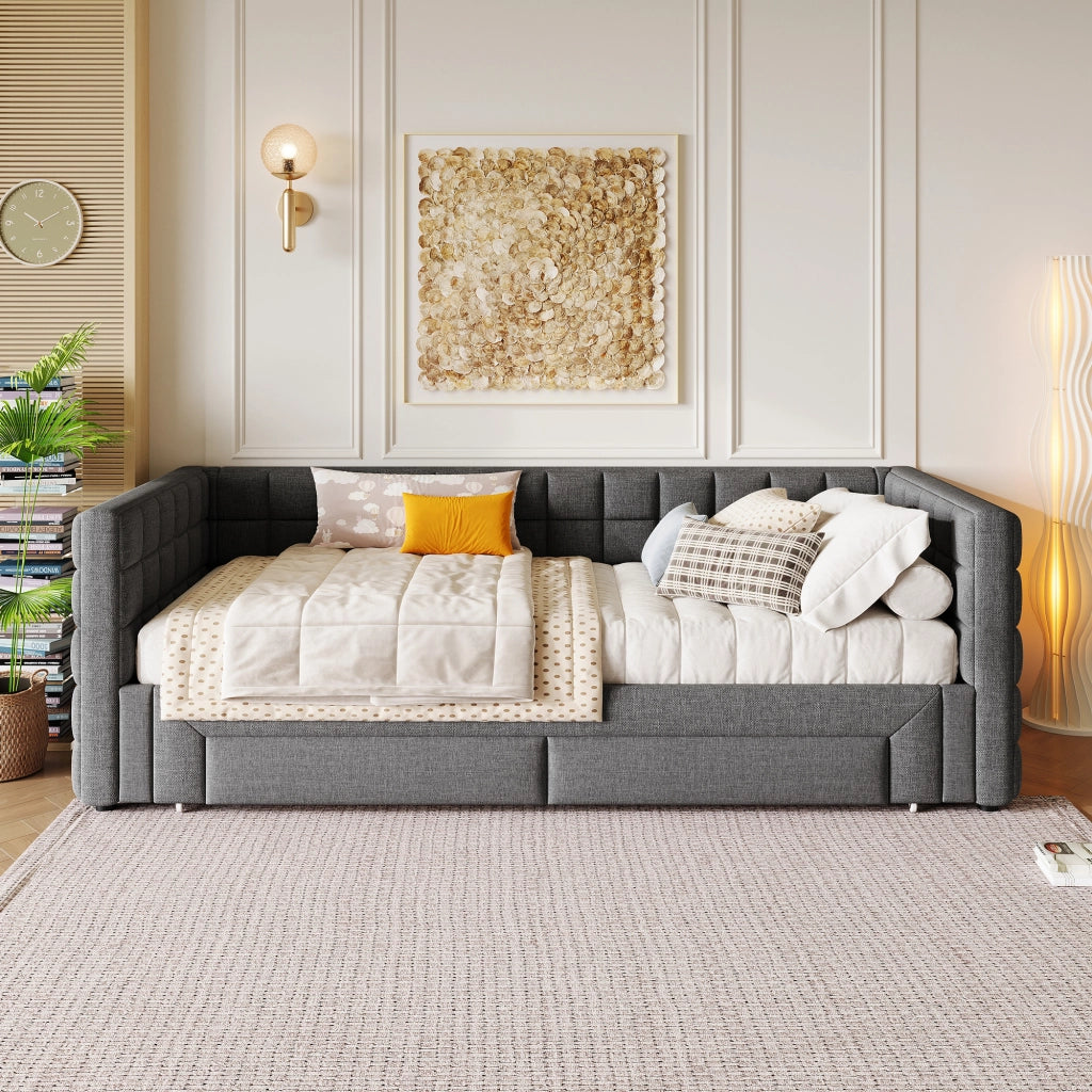 Letto estraibile singolo 90×200 cm con 2 cassetti; senza materasso; velluto; grigio