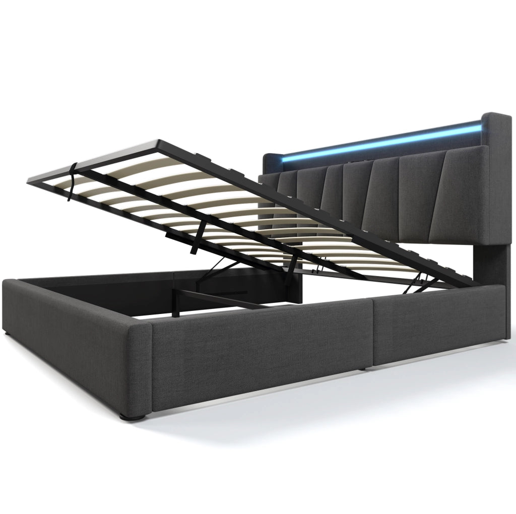 Letto matrimoniale imbottito 140x190 cm grigio in lino con testiera contenitore; prese USB e LED RGBW
