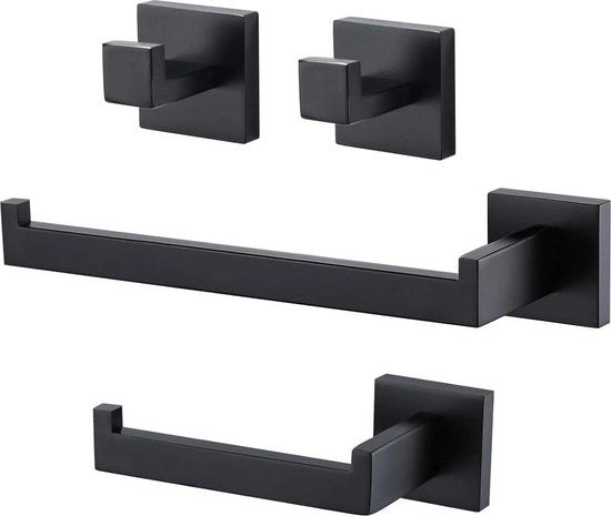 Set di accessori per la stanza da bagno 4 pezzi in acciaio inossidabile nero lucido - Ospite per carta igienica, appoggio per asciugamano e appoggio per grembiule con chiodo da parete