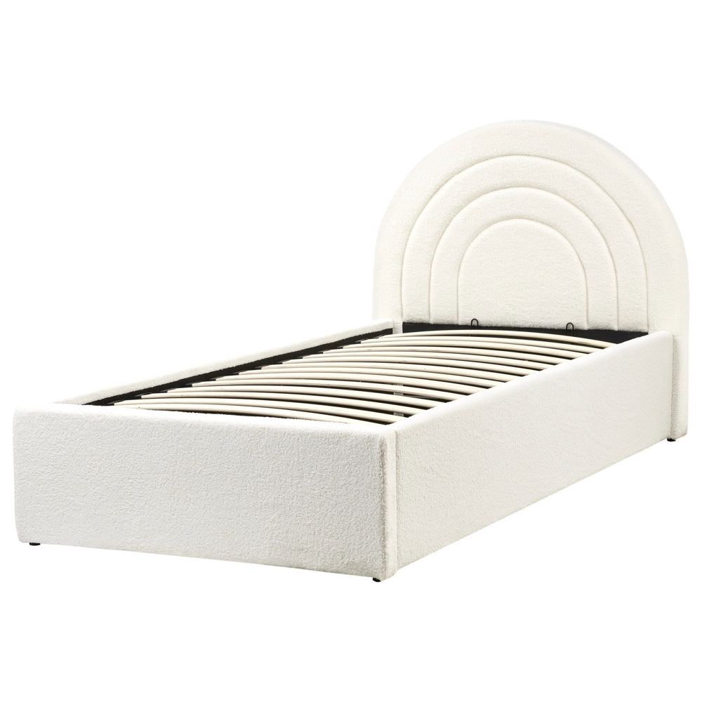 Letto singolo con testiera semicircolare in bouclé 90x200 cm base a doghe Testiera a Mezza Luna con contenitore