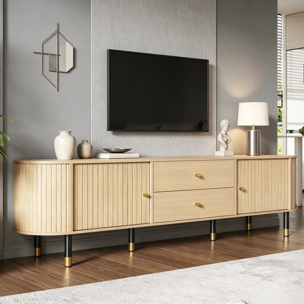 Mobile porta TV con 2 cassetti e 2 ante, passacavi e 6 gambe, per soggiorno, 180 × 40 × 58 cm, in MDF, naturale