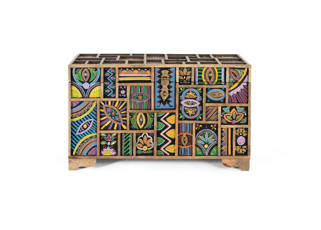 Cassapanca realizzato in legno di mango multicolore dipinto a mano