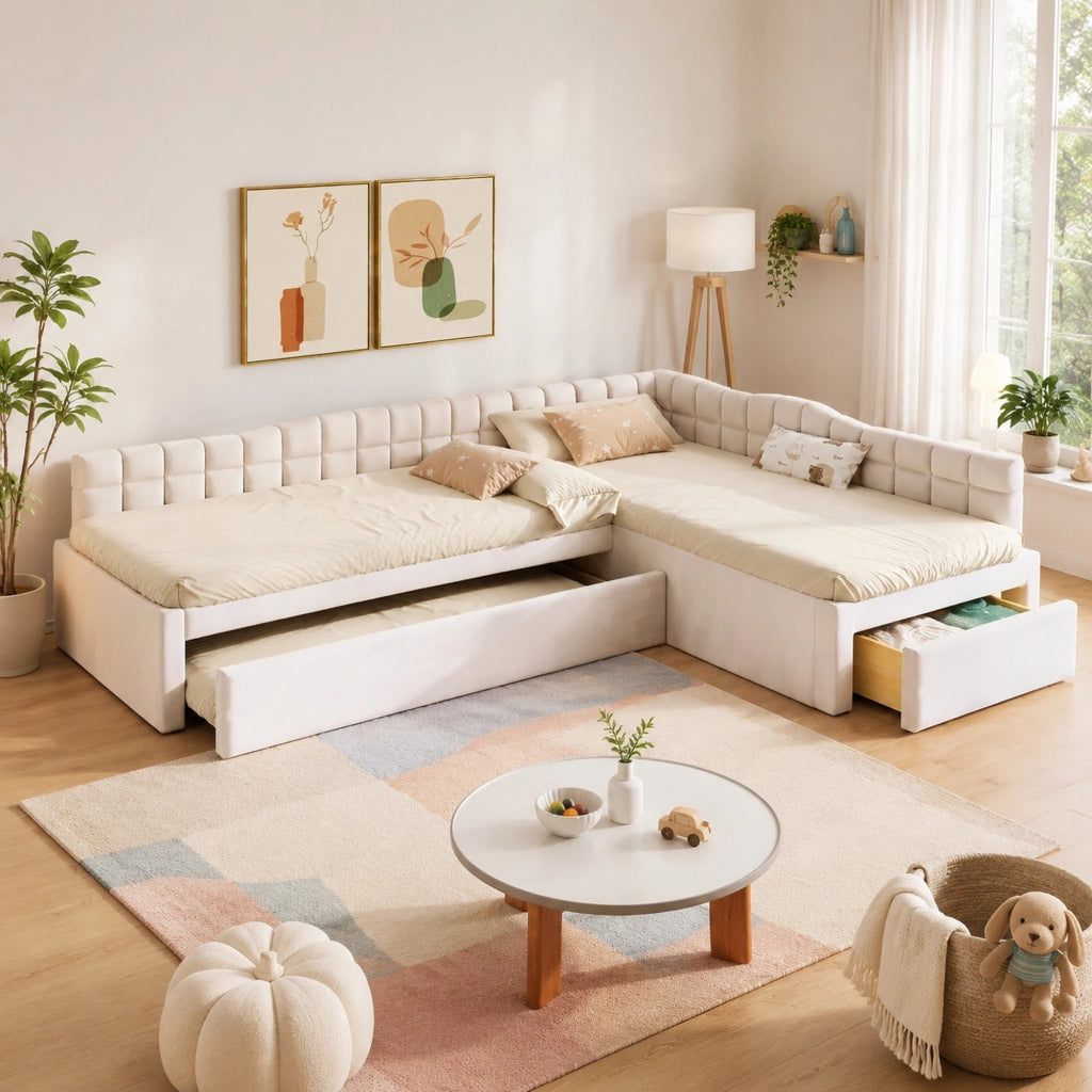 Letto imbottito angolare 90x200 cm con letto estraibile e cassetti beige