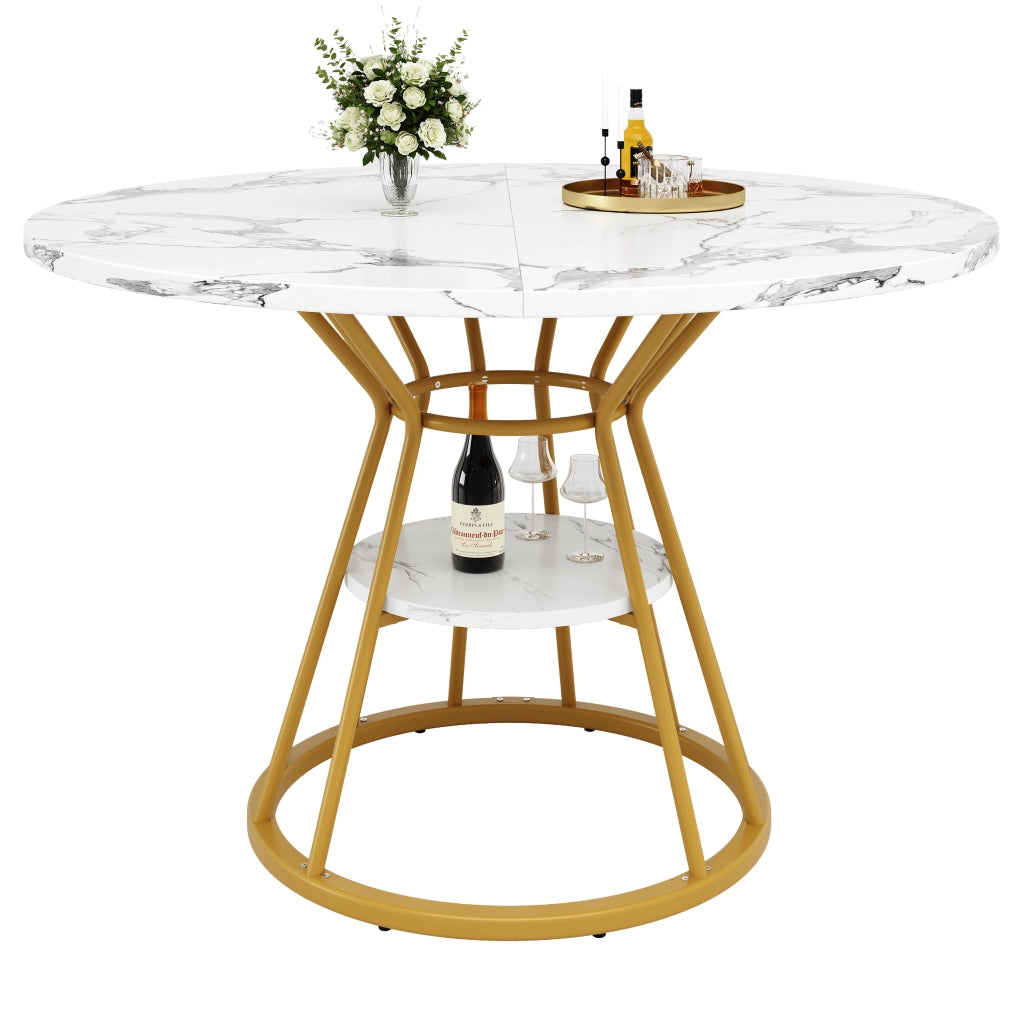 Tavolo da Pranzo Rotondo ¨C MINIMAL ¨C Piano Effetto Marmo, Gambe in Metallo Nero/Oro