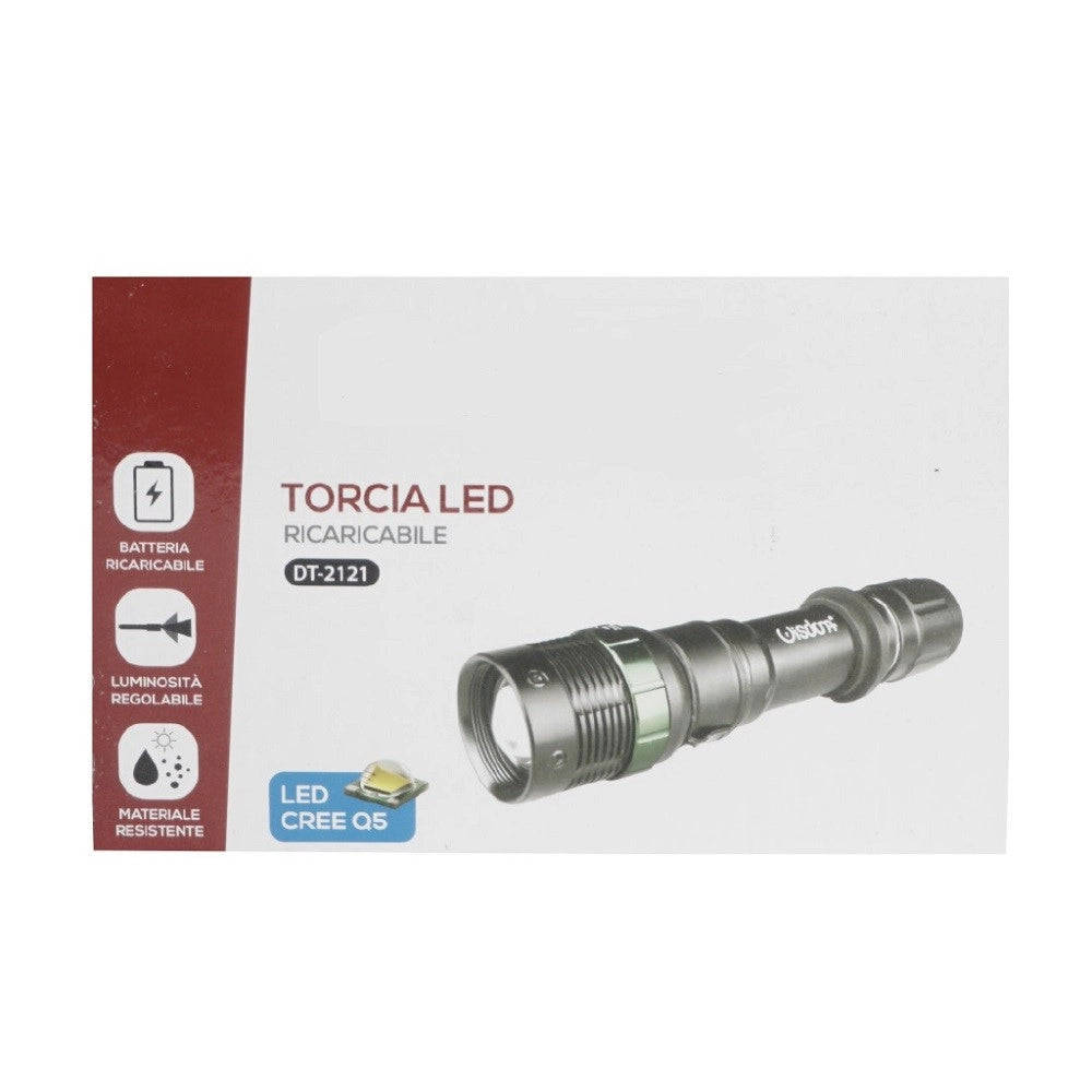 Trade Shop - Torcia Led Cree Q5 Ricaricabile Per Casa Campeggio Escursioni Con Gancio Dt-2121 -