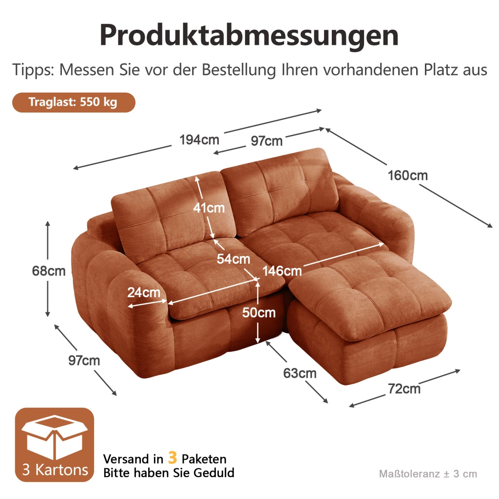 Divano modulare a L in chenille con comfort ergonomico e poggiapiedi arancione per soggiorno e appartamenti