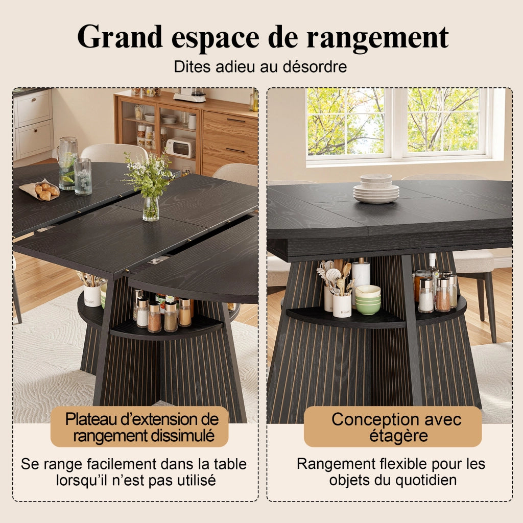 Tavolo da pranzo allungabile con vano aperto e angoli arrotondati per soggiorno e cucina; nero; 110-150 × 110 × 76 cm