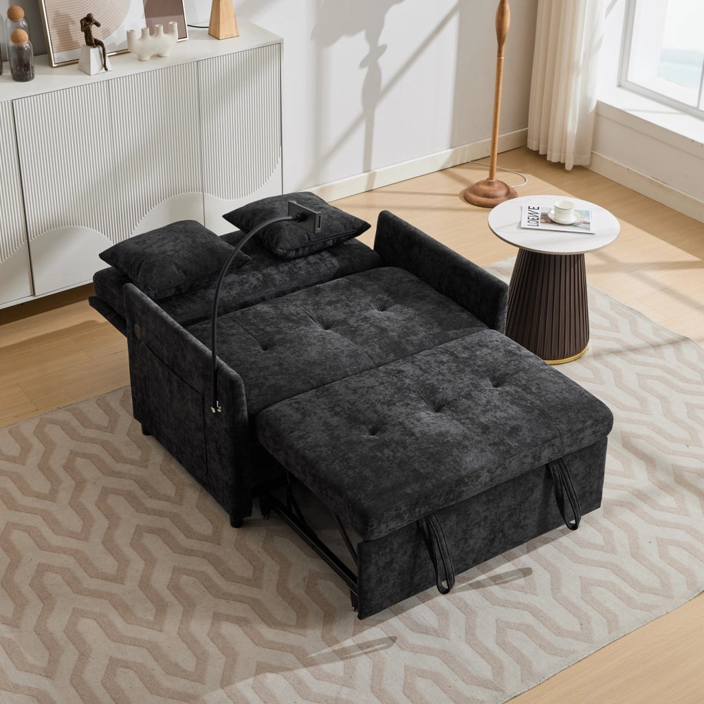 Divano convertibile moderno con porta USB e supporto tablet in tessuto effetto lino nero 109 × 72 × 83,5 cm