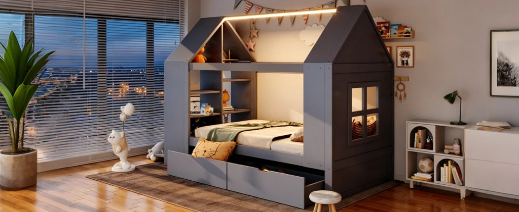 Letto per bambini 90 × 200 cm con due cassetti, led, contenitore e finestra decorativa, senza materasso, in legno, grigio