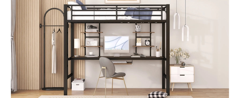 DESMIU Letto A Soppalco Singolo con Scrivania, 2 Scaffali e Scala 90 × 200 cm, Senza Materasso, Metallo Nero