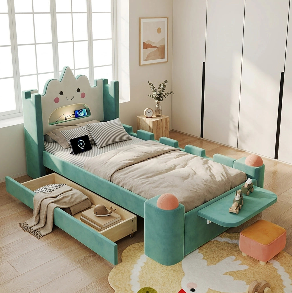 Letto singolo per bambini 90x200 cm imbottito con luce LED; USB e cassetto blu-verde HOMVRA