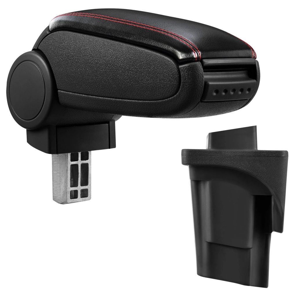 Bracciolo centrale per Seat Leon 1P - con vano portaoggetti - imbottito - similpelle - nero con cuciture rosse 03_0011358