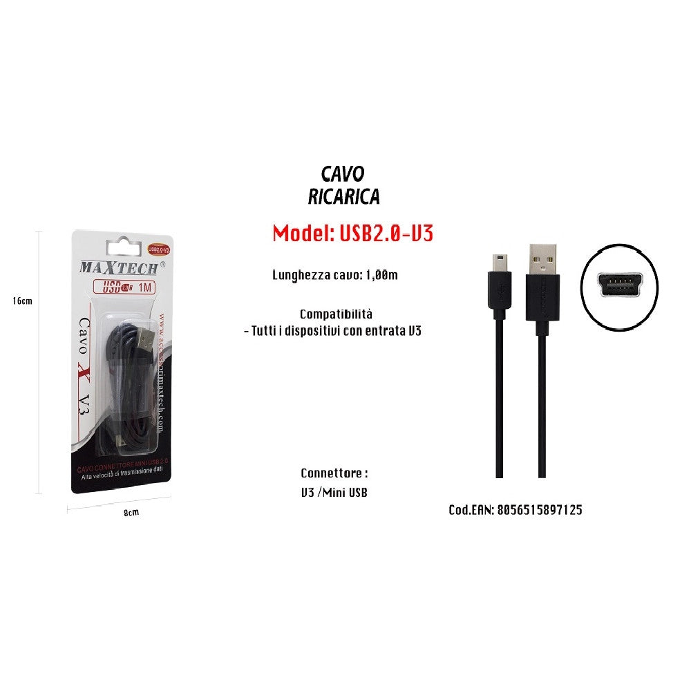 Trade Shop - Cavo Caricabatteria Caricatore Ricarica Usb Con Entrata V3 1mt Maxtech Usb2.0-v3 -