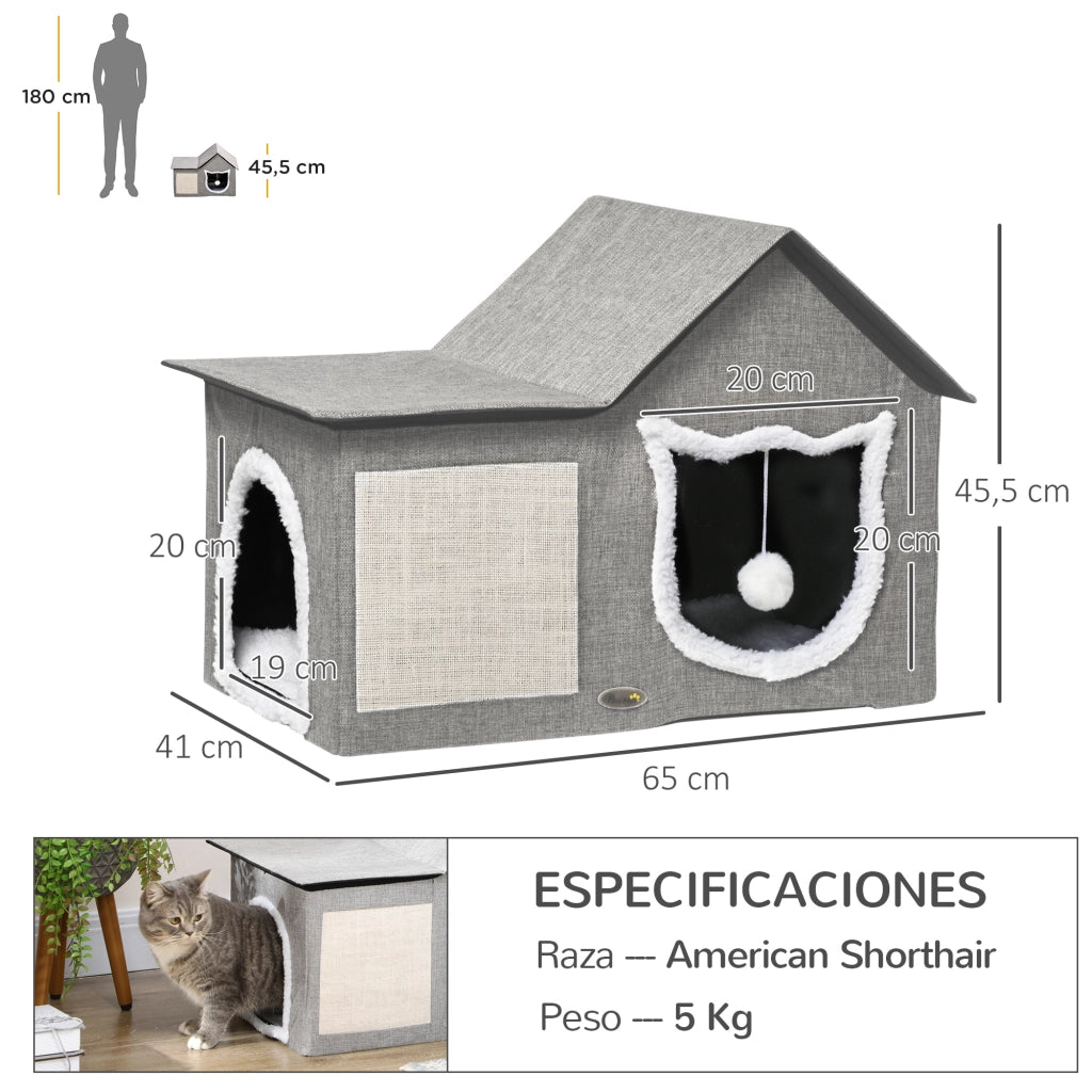 Casetta per Gatti Interna con Cuscino Morbido e Palla Pendente ¨C Zephmum ¨C Grigio 65x41x45,5 cm