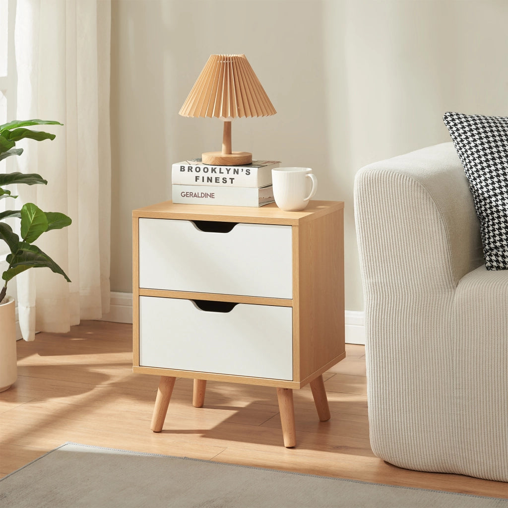 Comodino Bordkak con 2 Cassetti 50 x 40 x 30 cm - Effetto Rovere / Bianco [en.casa]