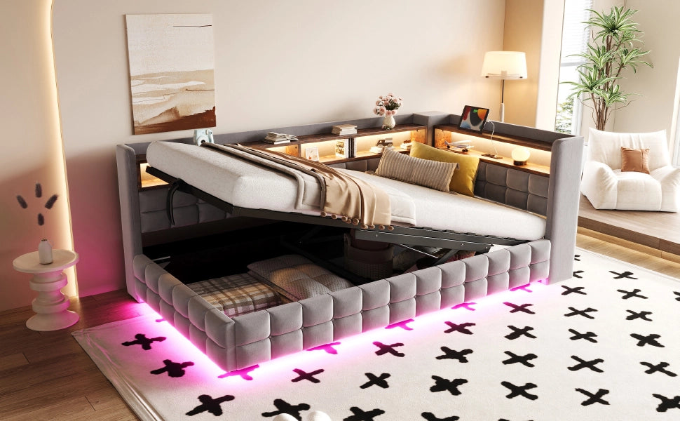 Letto contenitore singolo 90 × 200 cm con LED, prese USB e Type-C, ripiani in legno, senza materasso, grigio chiaro