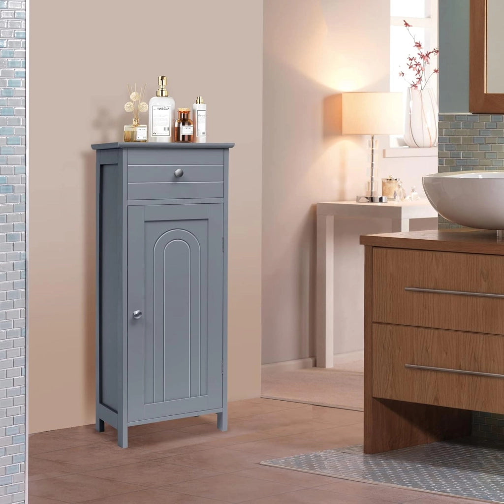 Armadietto Bagno da Terra, Mobiletto a 3 Ripiani con Anta, Cassetto, Manico, Spazio Interno Flessibile, Compatto e Salvaspazio, 35,5x30,5x88 cm, Bianco/Marrone/Grigio/Nero