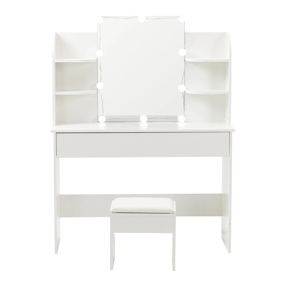 Toeletta con specchio - Xylo - LED, sgabello e 3 cassetti, bianco
