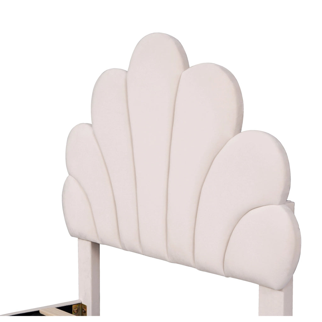 Letto imbottito 90x200 cm; testiera floreale; velluto beige (Senza materasso)