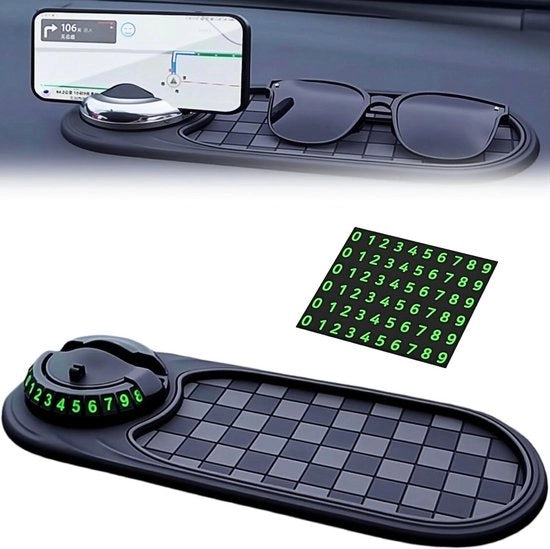 Matte antislip per auto, mat antislip per smartphone, support multifunzionale per smartphone, mat antislip 360° girevole per il cruscotto con decorazione numero di parcheggio.