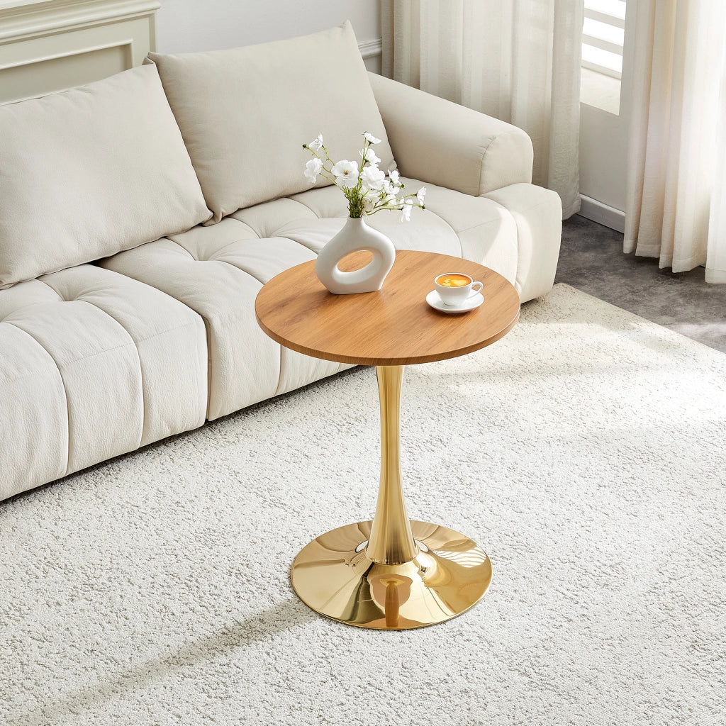 Tavolo rotondo da pranzo per 2 persone con base in metallo dorato e piano effetto legno, per soggiorno, 60 cm