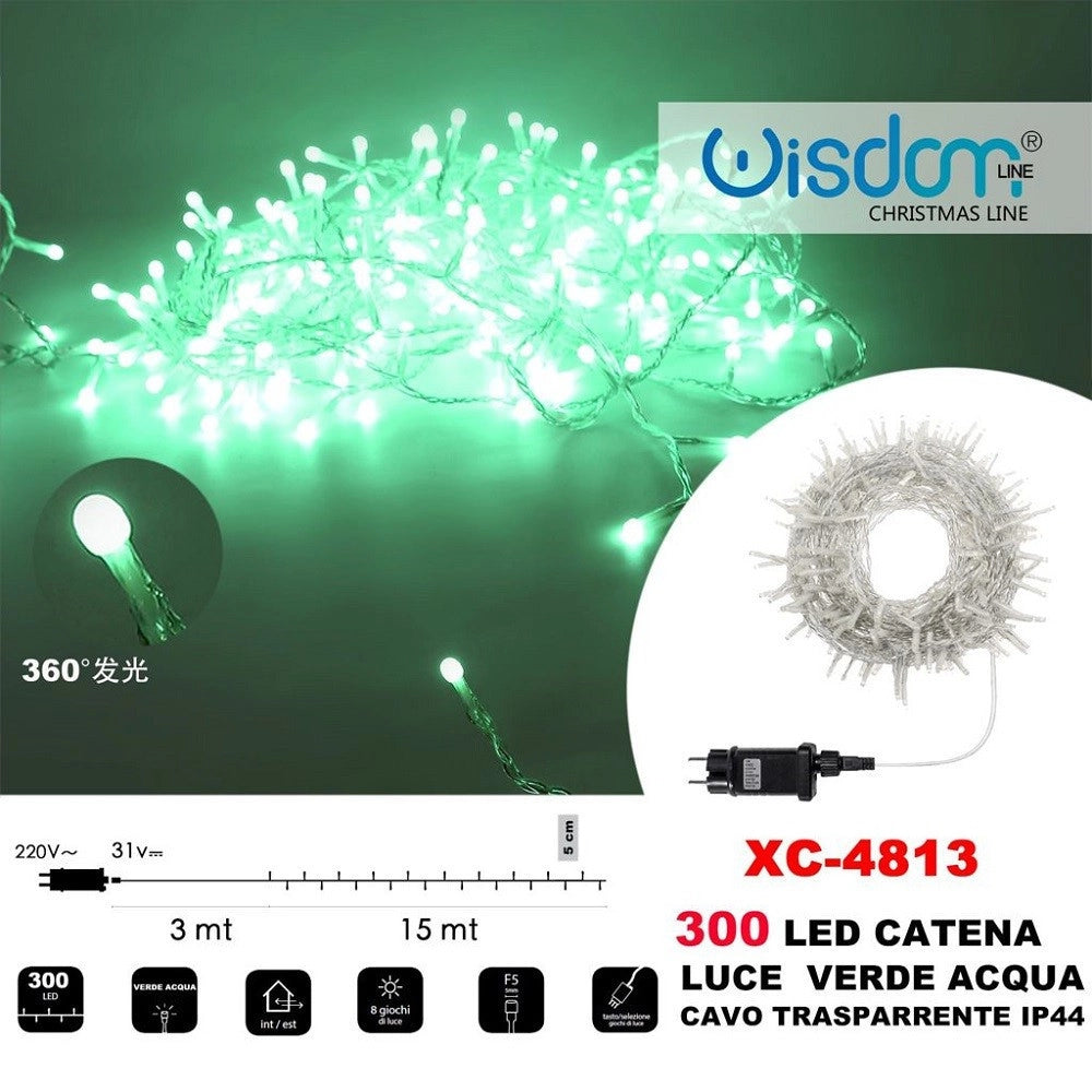 Trade Shop - Catena Luminosa 300 Luci Led Lucciole Luce Verde Acqua Cavo Trasparente Xc-4813 -