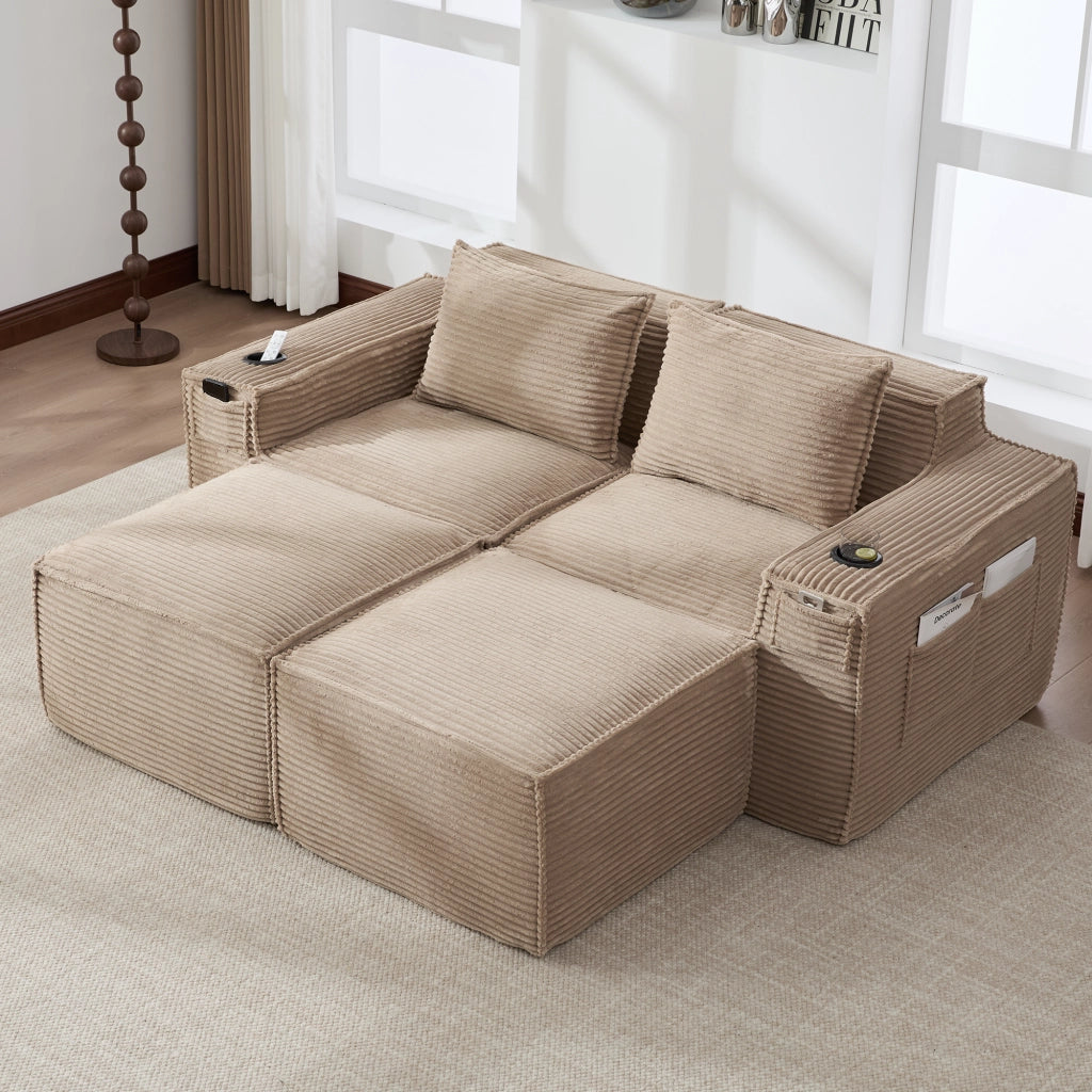 Divano modulare 2 posti in tessuto a coste con portabicchieri e tasche laterali comode khaki 188 × 162 × 75 cm