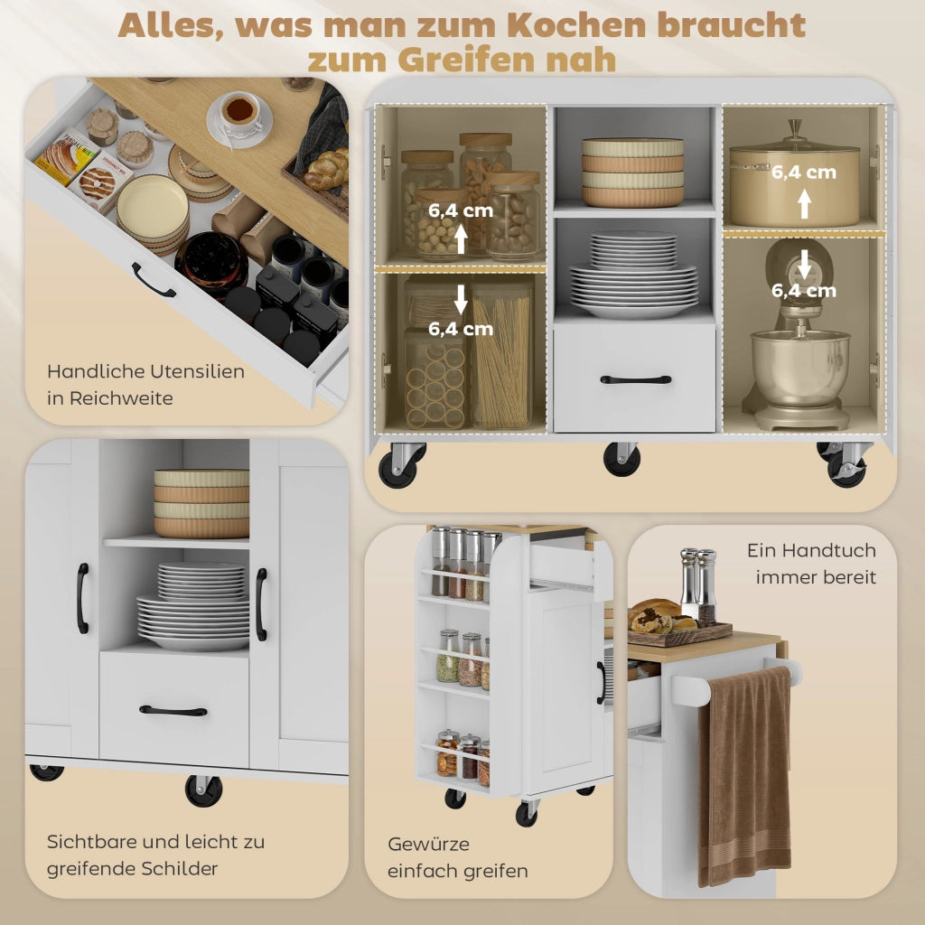 Isola cucina mobile con piano estraibile ¨C Xylo ¨C bianco MDF con cassetti e portasciugamani