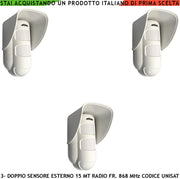 Sensore Movimento Doppia Tecnologia da Esterno 3 Pezzi Copertura 15 Metri Grandangolo o 25 Metri Tenda Via Radio Frequenza 868 MHz Bidirezionale Codice UNISAT