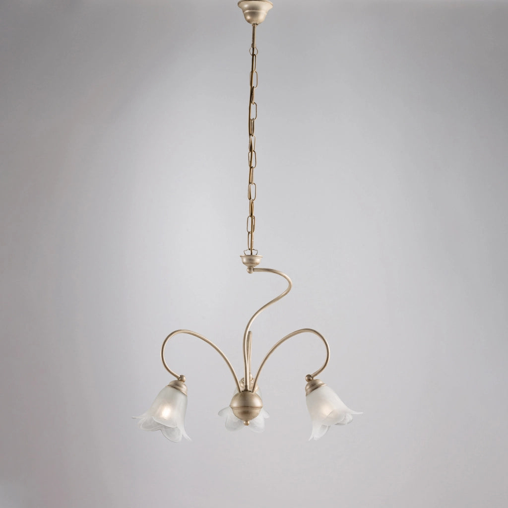 Lampadario 3 Luci Alice Ferro Battuto Avorio E Oro Vetro Bianco