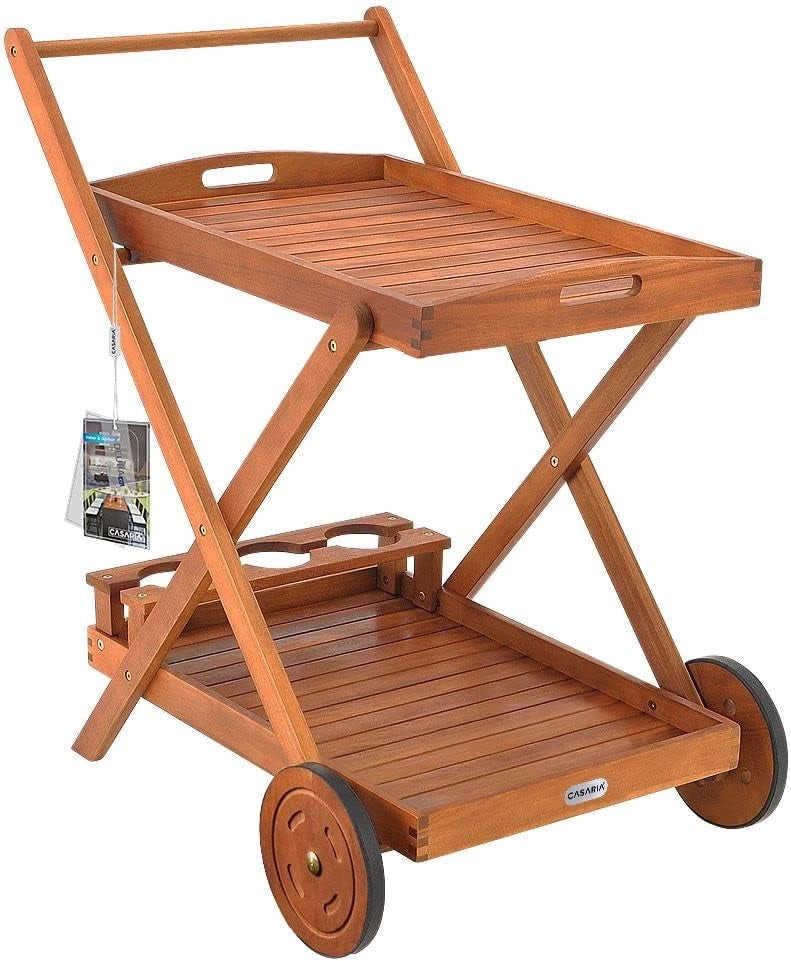 ® Carrello da Cucina Portavivande in Legno di Acacia Certificata FSC® 2 Ripiani Vassoio 3 Portabottiglie Giardino