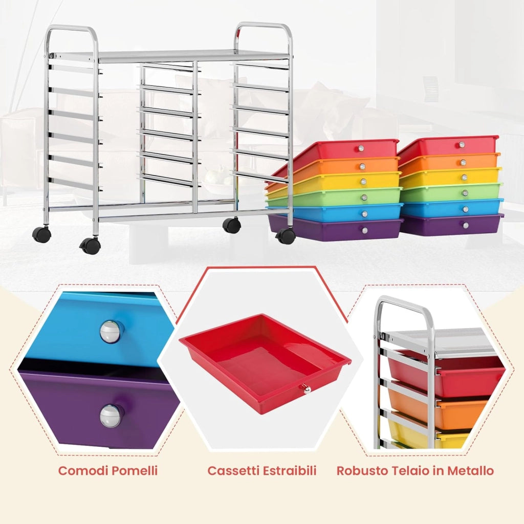 Carrello di Stoccaggio con 12 Cassetti, Carrello portaoggetti con 4 Ruote, Carrello Multiuso per Scuola Ufficio Cucina, 64 x 38 x 62 cm (12 cassetti Colorato)