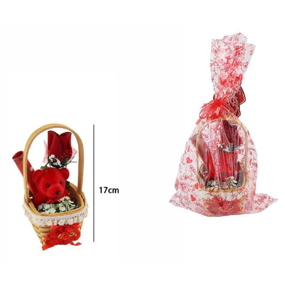 Trade Shop - Cesta Con Peluche Orsetto Rosso Idea Regalo San Valentino Fiori Confezione 63294 -