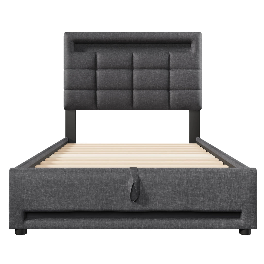 Letto imbottito 90x200 cm in lino grigio con LED APP, USB e contenitore idraulico
