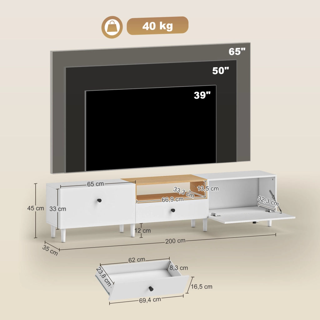 Mobile TV per televisore fino a 90 pollici con 2 ante e cassetto ¨C zephmum ¨C 200x35x45 cm bianco