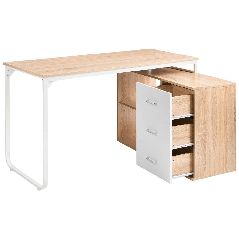 Scrivania da ufficio domestico angolare con 2 ripiani e 3 cassetti Pannello truciolare Gambe in ferro 140 x 100 cm marrone chiaro