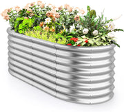 Letto da Esterno Rialzato in Metallo, Aiuola Rialzata in Ovale con Design a Fondo Aperto, Protettori d'Angolo Rinforzati, Orto Rialzato da Esterno per Verdure, Fiori, Erbe Aromatiche (Argento)