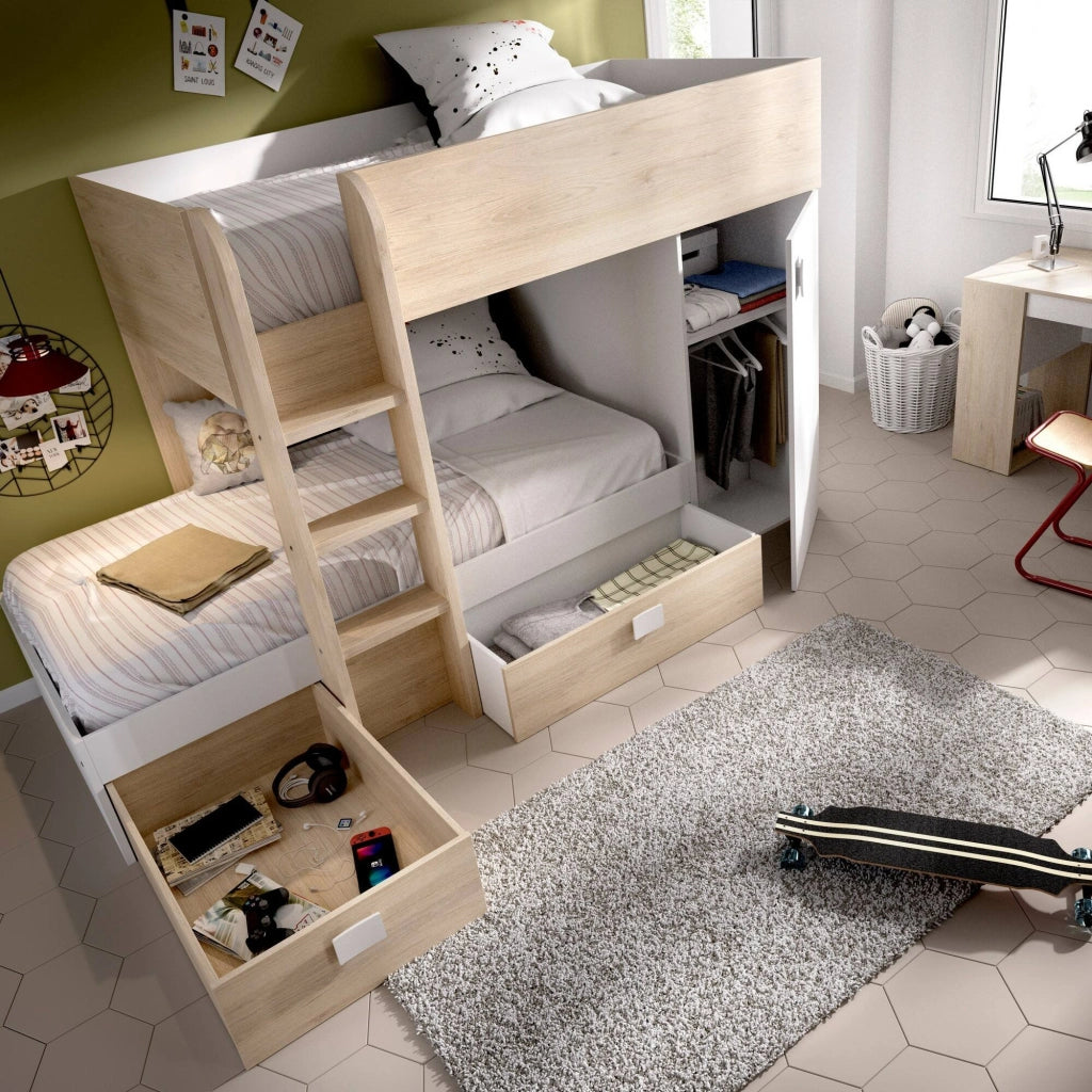 Letto per bambini Pax, Cameretta completa con armadio e cassetti, Composizione letto a castello con due lettini singoli, 255x112h150 cm, Bianco e Rovere