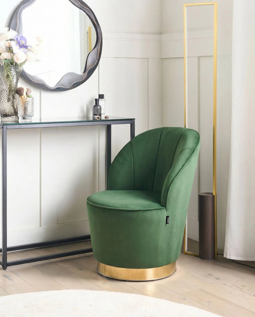 Poltrona in velluto Verde con base in metallo dorato Sedia a vasca con rotondo Glam Retro Living Room