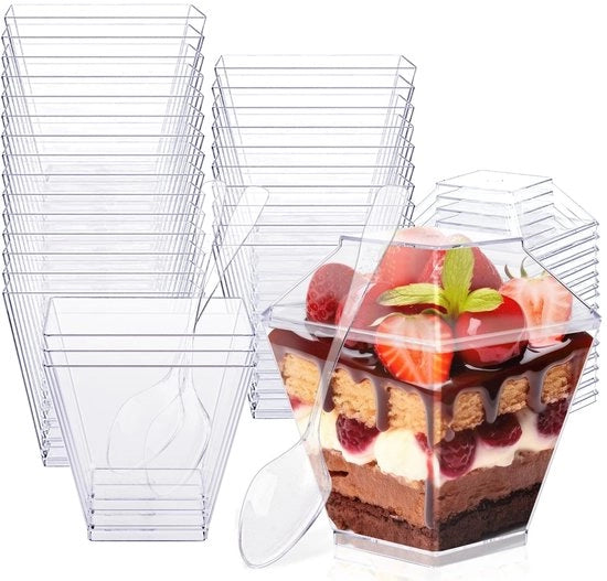 Porte dessert 60 ml - Porte dessert in plastica - Riciclabili - Con coperchi - Con cucchiai - Design trasparente - 30 pezzi - Porte dessert